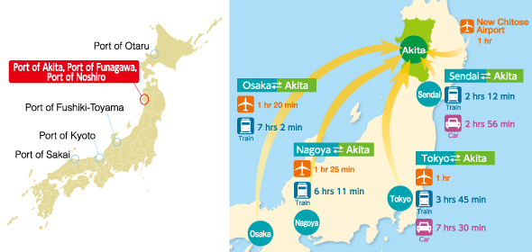 Access Map around the Port of Akita, Port of Funagawa, Port of Noshiro